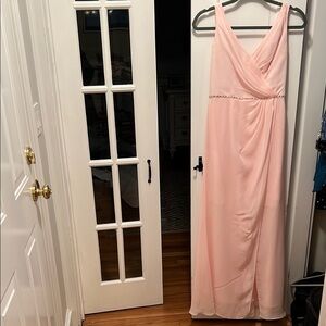 David's Bridal Pink Ruched Maxi Gown with Slit and V-neck for Wedding Guest